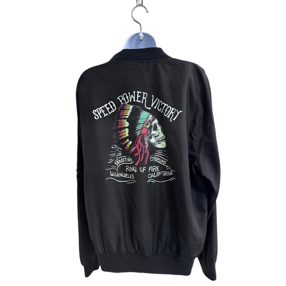 Ring Of Fire Black Back Graphic Skull Headdress Ribbed Cuffs Bomber Jacket Large - Picture 2 of 13